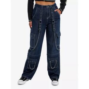 Hot Topic Dark Blue Grommets & Chains Wide Leg Cargo Jeans Gothic Punk Size 0